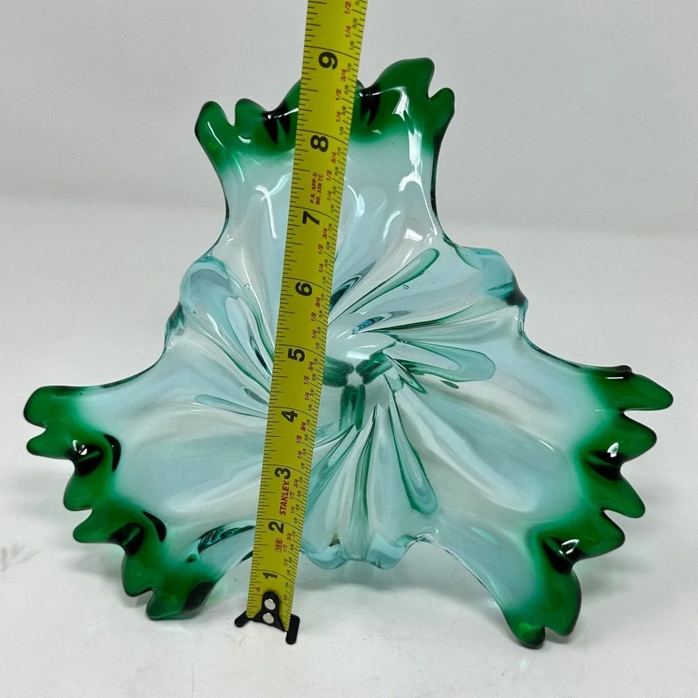Vintage Murano Style Art Glass Basket Aqua Blue Emerald Green Hand Blown MCM 11